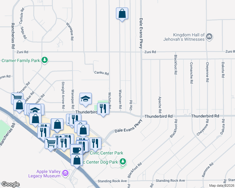 map of restaurants, bars, coffee shops, grocery stores, and more near 15440 Washoan Road in Apple Valley