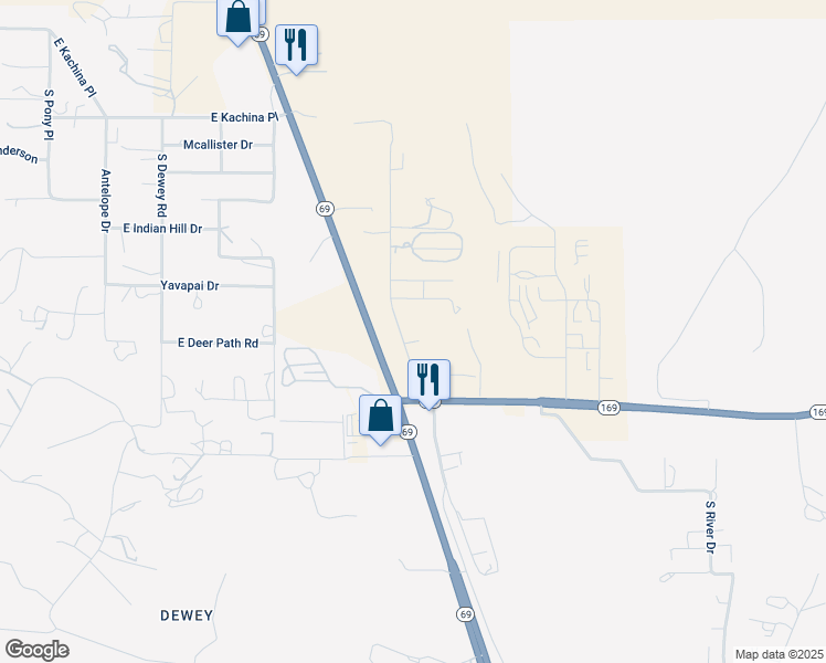 map of restaurants, bars, coffee shops, grocery stores, and more near 725 South Dunivin Lane in Prescott Valley