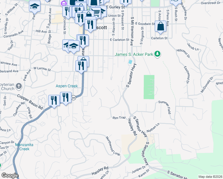 map of restaurants, bars, coffee shops, grocery stores, and more near 659 Wilderness Point in Prescott