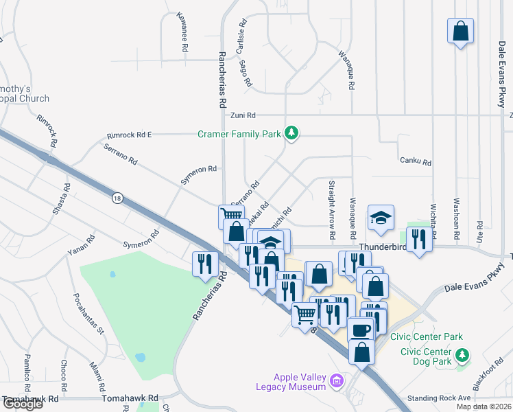 map of restaurants, bars, coffee shops, grocery stores, and more near 15423 Tonekai Road in Apple Valley