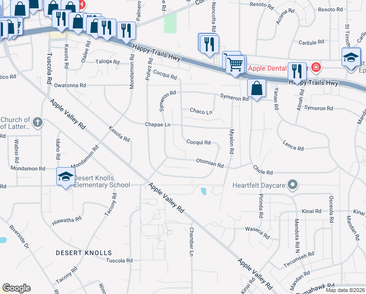map of restaurants, bars, coffee shops, grocery stores, and more near 18660 Otomian Road in Apple Valley