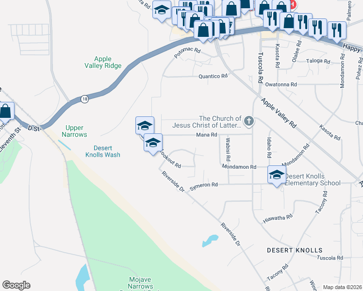 map of restaurants, bars, coffee shops, grocery stores, and more near 17785 Branding Iron Road in Apple Valley