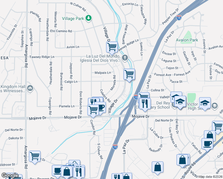 map of restaurants, bars, coffee shops, grocery stores, and more near 15449 Morada Road in Victorville