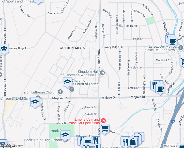 map of restaurants, bars, coffee shops, grocery stores, and more near 15236 Mesquite Way in Victorville