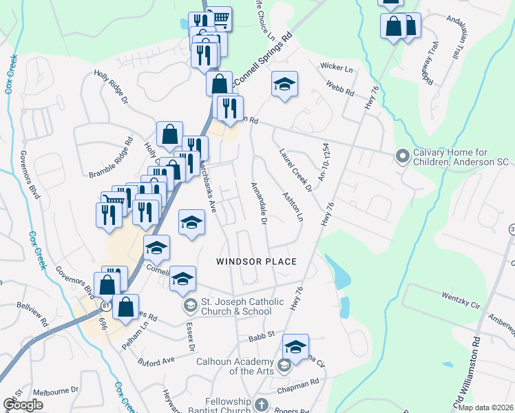 map of restaurants, bars, coffee shops, grocery stores, and more near 2319 Annandale Drive in Anderson