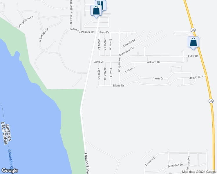 map of restaurants, bars, coffee shops, grocery stores, and more near 2209 Diane Drive in Lake Havasu City