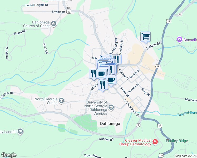 map of restaurants, bars, coffee shops, grocery stores, and more near 60 West Main Street in Dahlonega