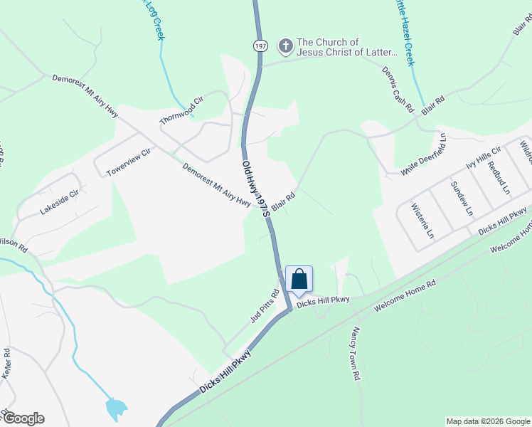 map of restaurants, bars, coffee shops, grocery stores, and more near 410 Old Highway 197 South in Mount Airy