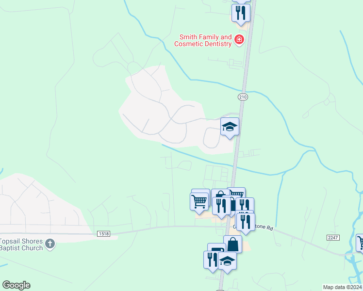 map of restaurants, bars, coffee shops, grocery stores, and more near 421 Bald Cypress Lane in Sneads Ferry