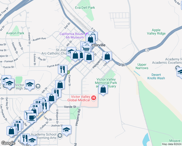 map of restaurants, bars, coffee shops, grocery stores, and more near 15493 Hesperia Road in Victorville