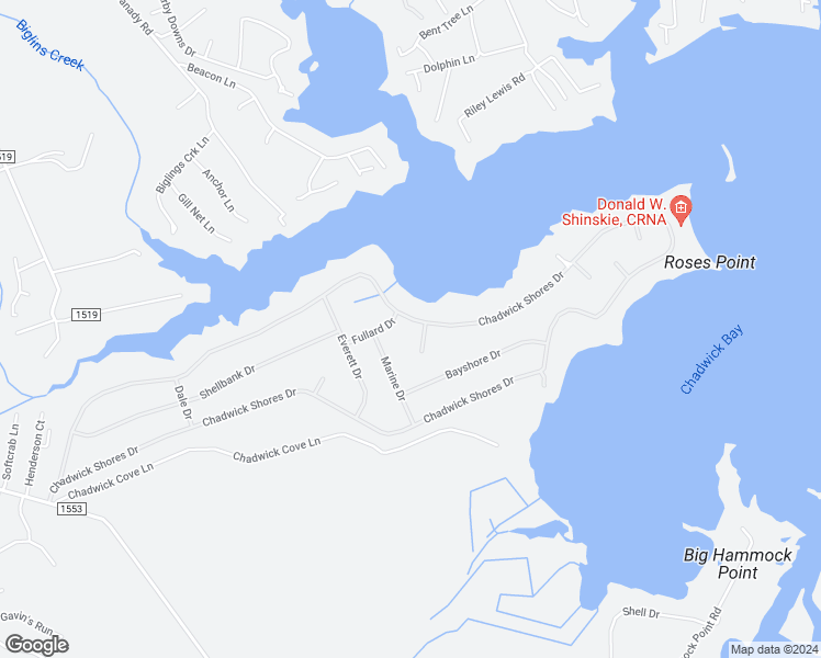 map of restaurants, bars, coffee shops, grocery stores, and more near 608 Chadwick Shores Drive in Sneads Ferry