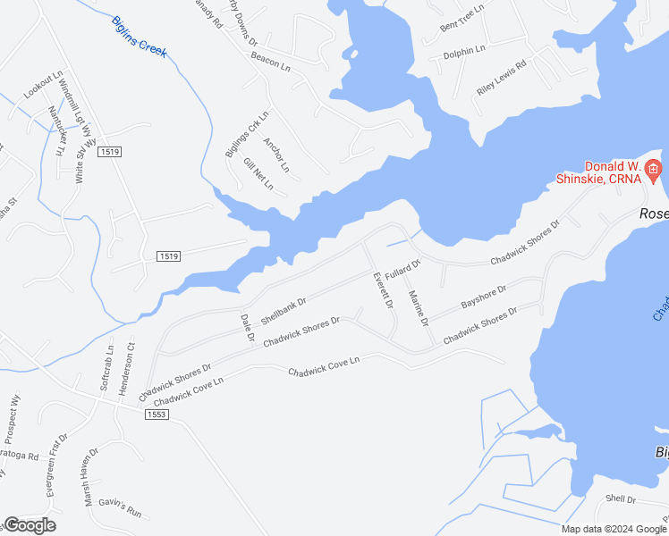 map of restaurants, bars, coffee shops, grocery stores, and more near 458 Chadwick Shores Drive in Sneads Ferry