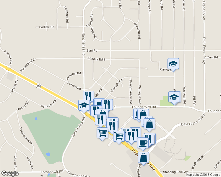 map of restaurants, bars, coffee shops, grocery stores, and more near 15404 Broken Bow Road in Apple Valley