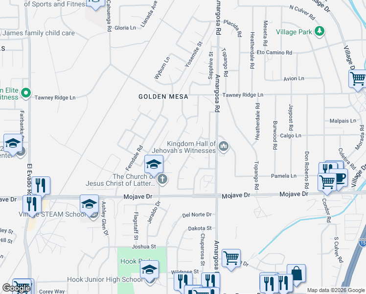 map of restaurants, bars, coffee shops, grocery stores, and more near 15454 Mesquite Avenue in Victorville