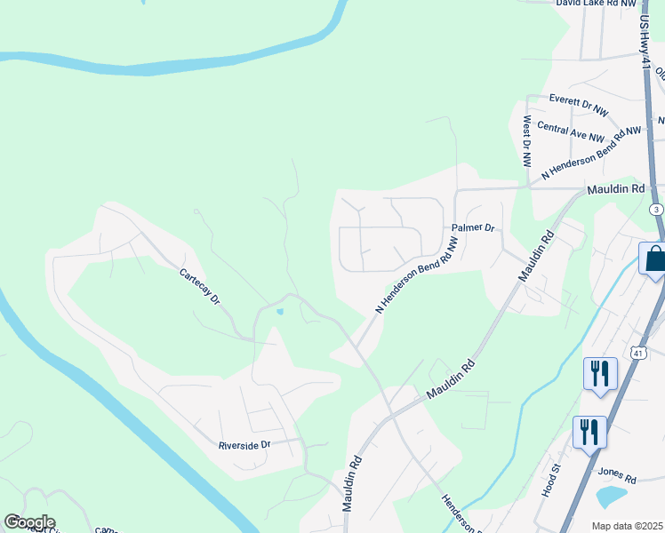 map of restaurants, bars, coffee shops, grocery stores, and more near 510 McGinnis Circle in Calhoun