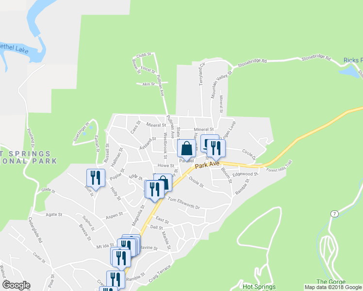 map of restaurants, bars, coffee shops, grocery stores, and more near 110 State Street in Hot Springs