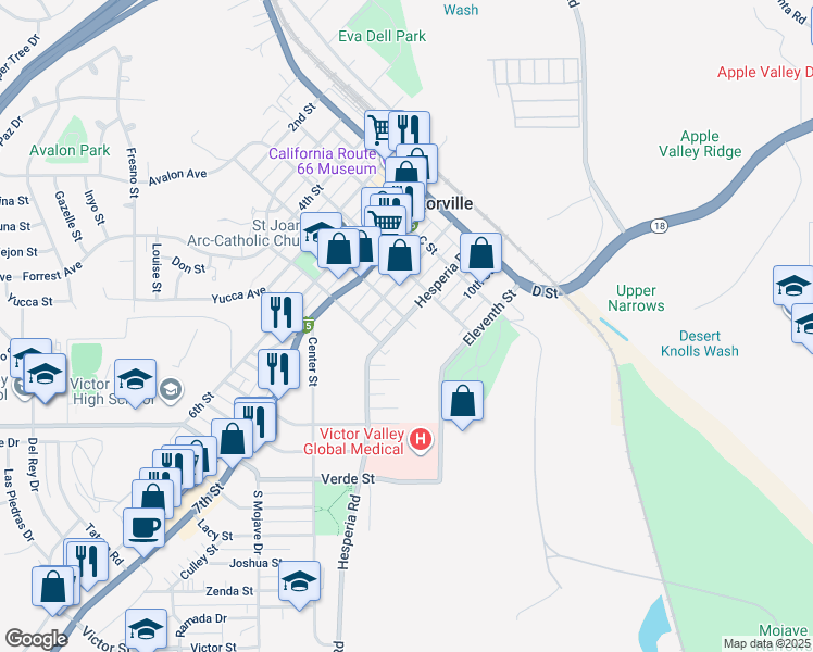 map of restaurants, bars, coffee shops, grocery stores, and more near 15493 Hesperia Road in Victorville