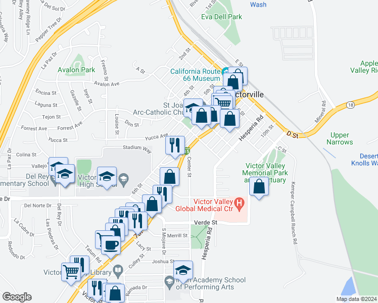 map of restaurants, bars, coffee shops, grocery stores, and more near 17057 Center Street in Victorville