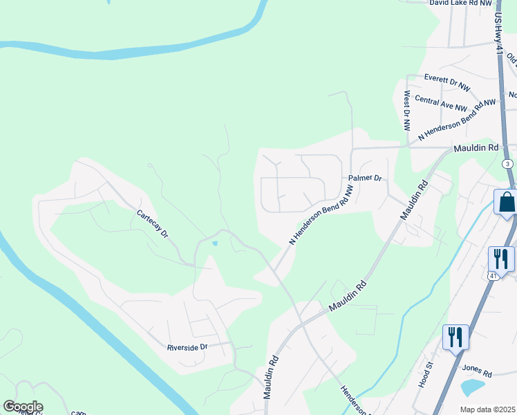 map of restaurants, bars, coffee shops, grocery stores, and more near 510 McGinnis Circle in Calhoun