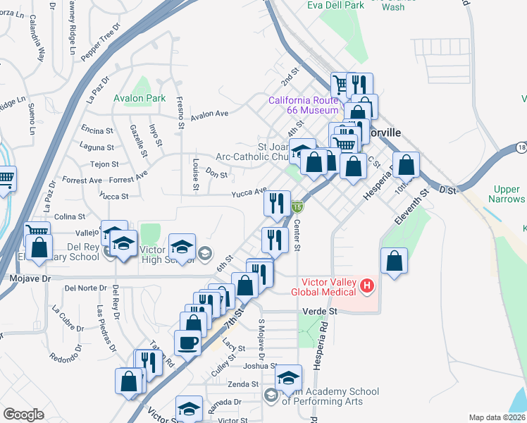 map of restaurants, bars, coffee shops, grocery stores, and more near 15372 6th Street in Victorville