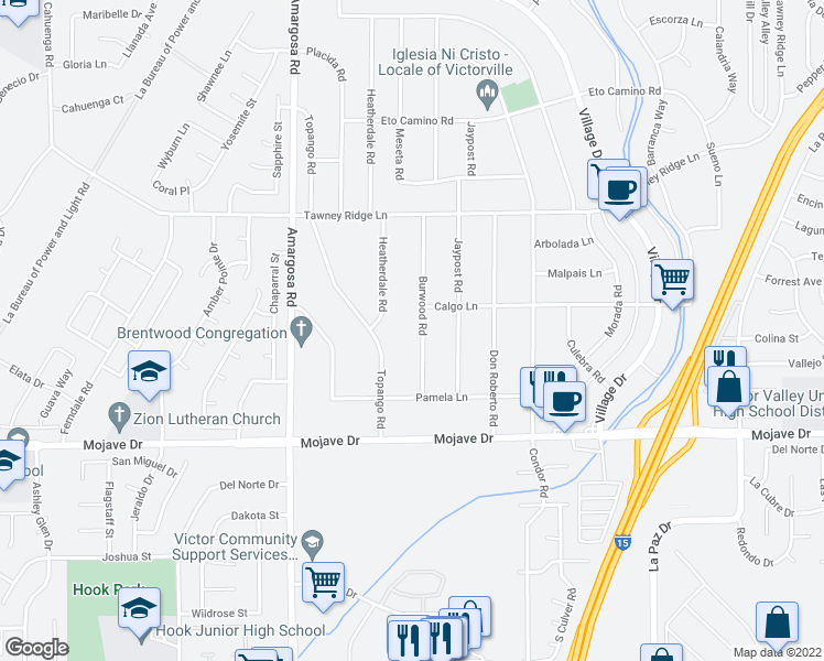 map of restaurants, bars, coffee shops, grocery stores, and more near 15522 Burwood Road in Victorville