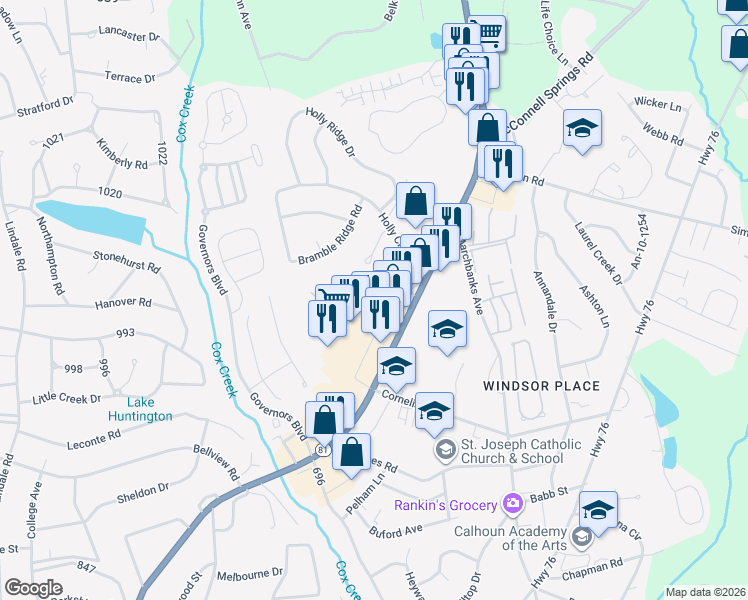 map of restaurants, bars, coffee shops, grocery stores, and more near 50 Braeburn Drive in Anderson