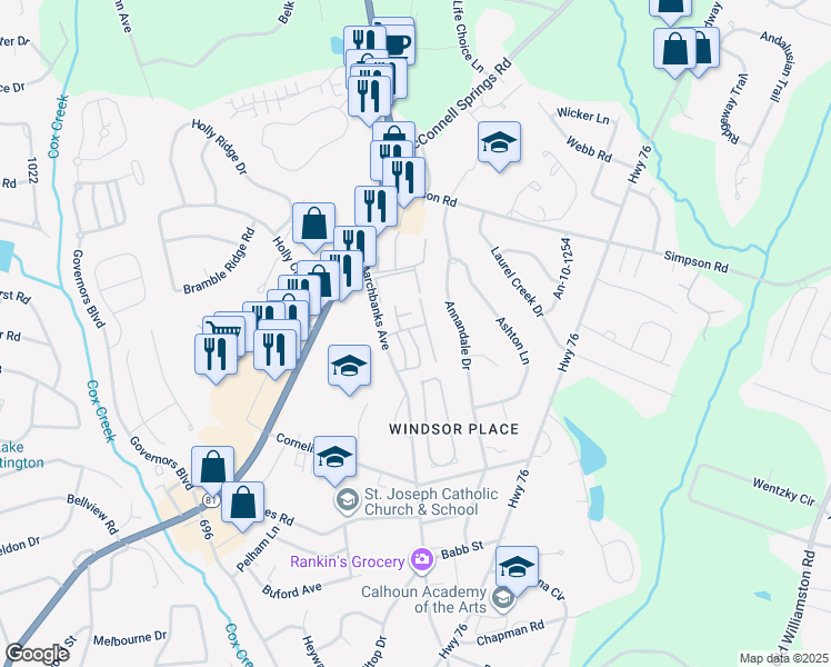 map of restaurants, bars, coffee shops, grocery stores, and more near 2421 Annandale Drive in Anderson