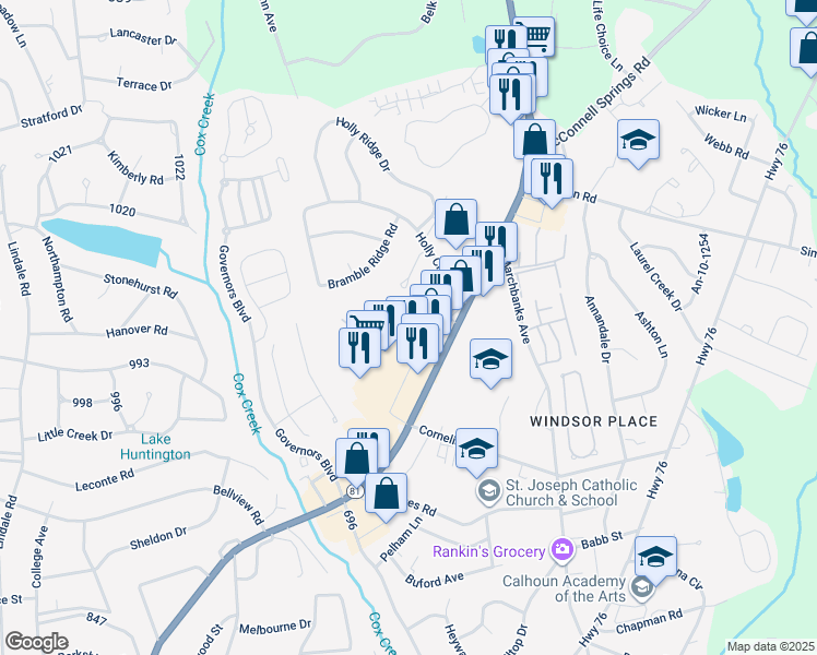 map of restaurants, bars, coffee shops, grocery stores, and more near 1626 Sandy Hollow in Anderson