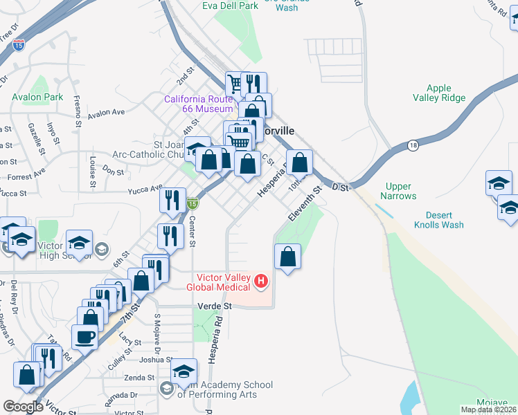 map of restaurants, bars, coffee shops, grocery stores, and more near 17024 A Street in Victorville