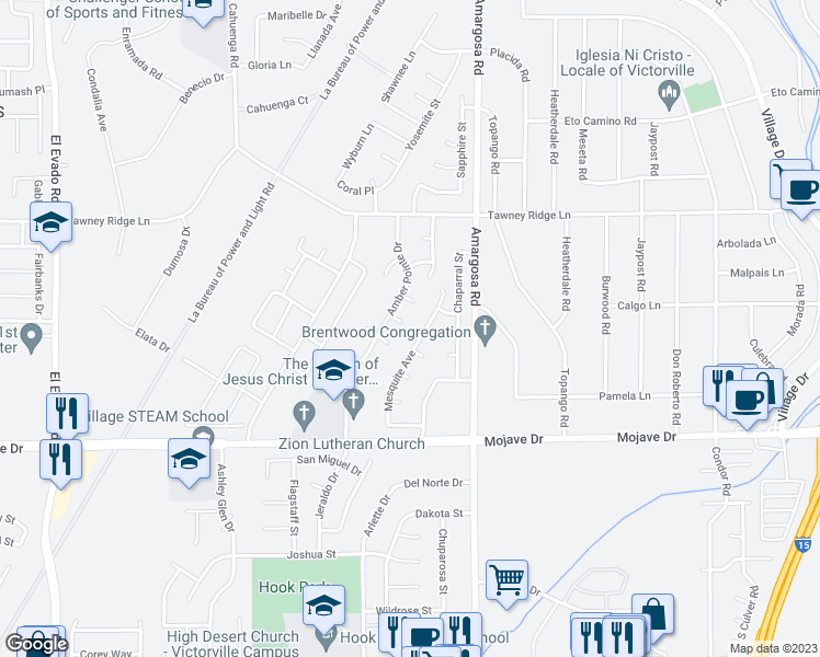 map of restaurants, bars, coffee shops, grocery stores, and more near 15179 Wild Wind Point in Victorville