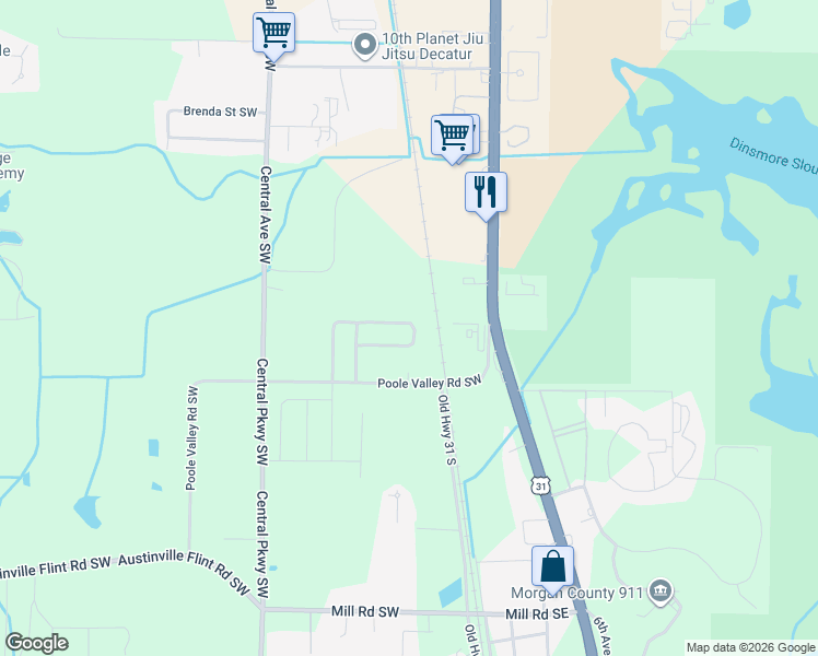map of restaurants, bars, coffee shops, grocery stores, and more near 3908 Ryan Drive Southwest in Decatur