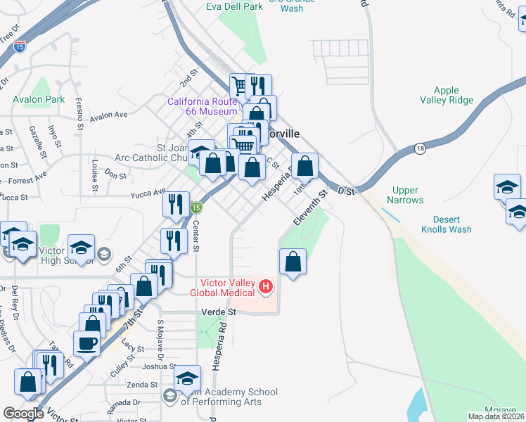 map of restaurants, bars, coffee shops, grocery stores, and more near 17024 A Street in Victorville