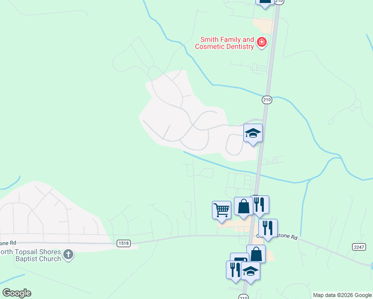 map of restaurants, bars, coffee shops, grocery stores, and more near 435 Bald Cypress Lane in Sneads Ferry