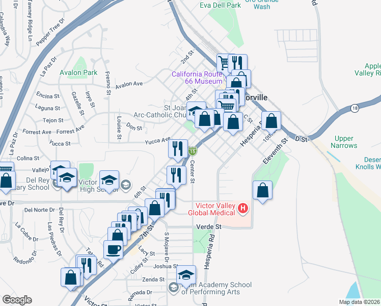 map of restaurants, bars, coffee shops, grocery stores, and more near 7th St & Center St in Victorville