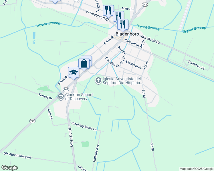 map of restaurants, bars, coffee shops, grocery stores, and more near Lee Street in Bladenboro