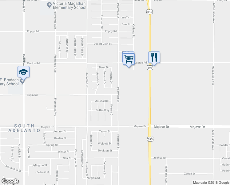 map of restaurants, bars, coffee shops, grocery stores, and more near 11882 Lupin Road in Adelanto