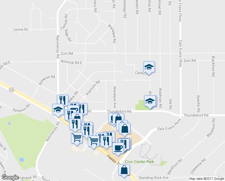 map of restaurants, bars, coffee shops, grocery stores, and more near 15497 Wanaque Road in Apple Valley