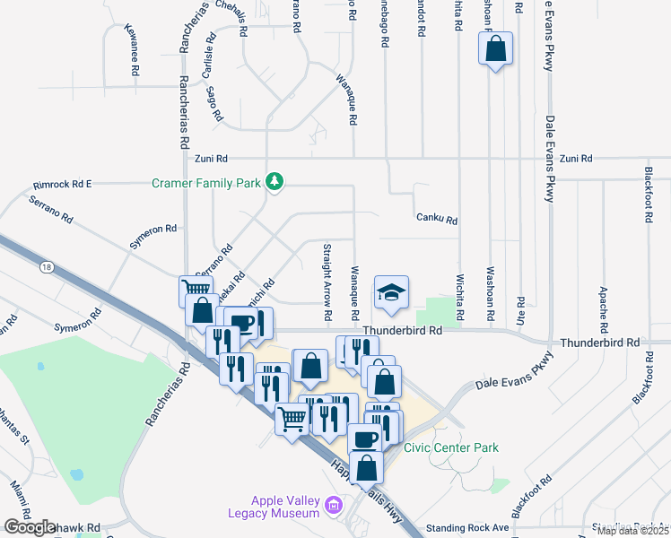 map of restaurants, bars, coffee shops, grocery stores, and more near 15496 Straight Arrow Road in Apple Valley