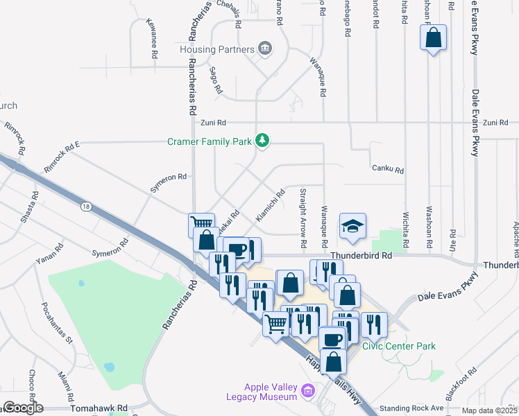 map of restaurants, bars, coffee shops, grocery stores, and more near 15495 Tonekai Road in Apple Valley