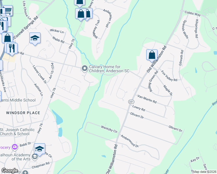 map of restaurants, bars, coffee shops, grocery stores, and more near 112 Twin Lakes Drive in Anderson