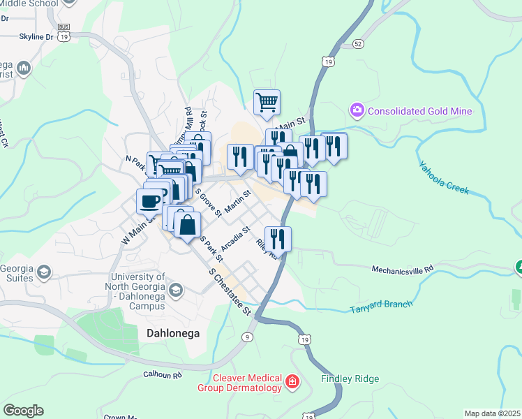 map of restaurants, bars, coffee shops, grocery stores, and more near 95A Mechanic Street Southeast in Dahlonega