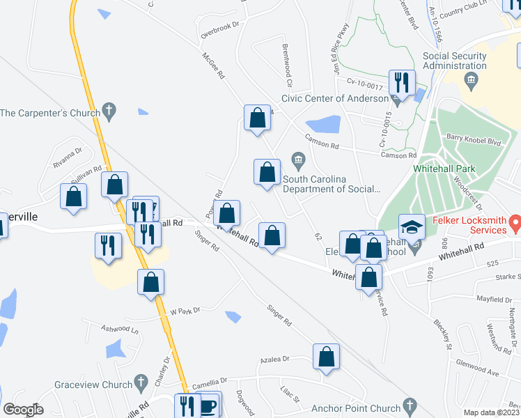 map of restaurants, bars, coffee shops, grocery stores, and more near 3000 Olive Street in Anderson