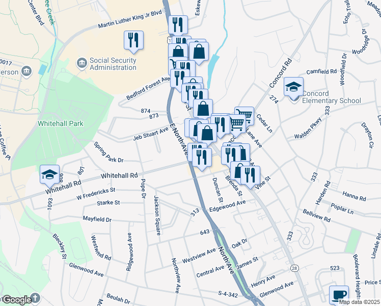 map of restaurants, bars, coffee shops, grocery stores, and more near 2806 East North Avenue in Anderson