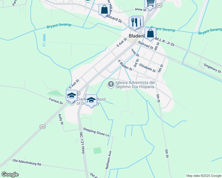 map of restaurants, bars, coffee shops, grocery stores, and more near 215 East Poplar Street in Bladenboro