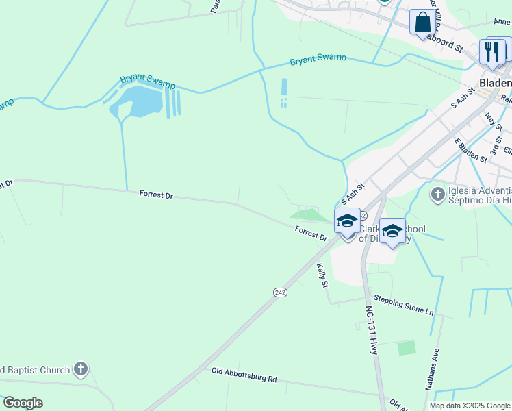 map of restaurants, bars, coffee shops, grocery stores, and more near 413 Forrest Drive in Bladenboro