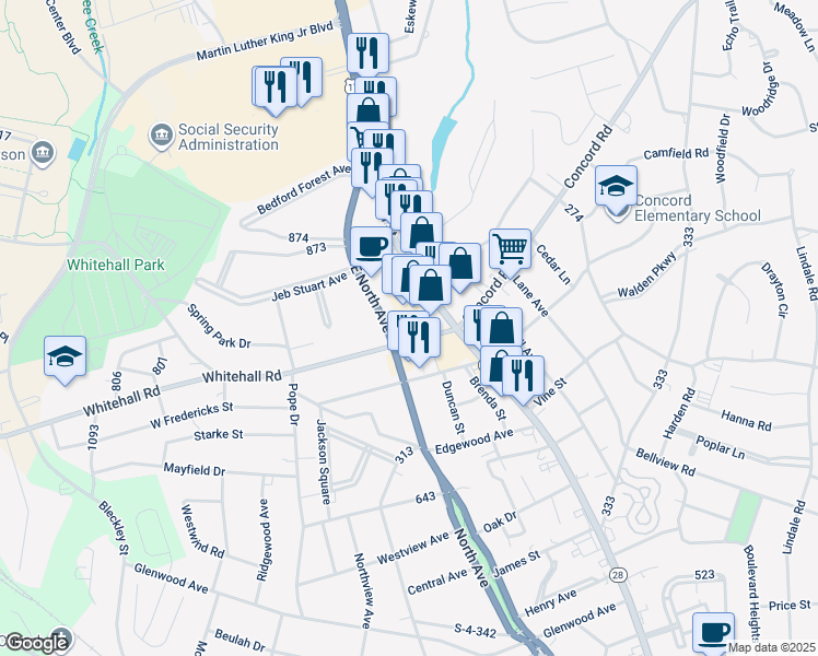 map of restaurants, bars, coffee shops, grocery stores, and more near E Street in Anderson