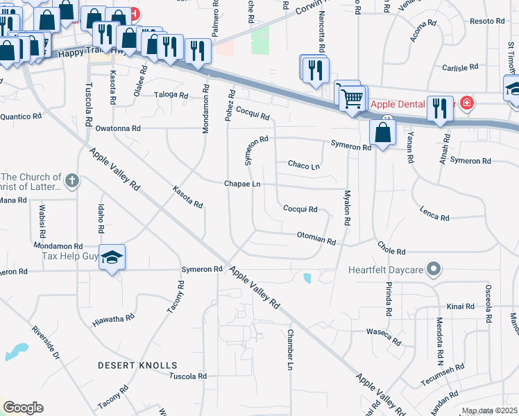map of restaurants, bars, coffee shops, grocery stores, and more near 18539 Symeron Road in Apple Valley