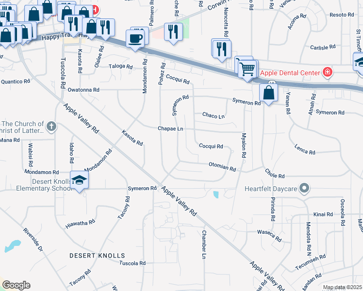 map of restaurants, bars, coffee shops, grocery stores, and more near 18539 Symeron Road in Apple Valley