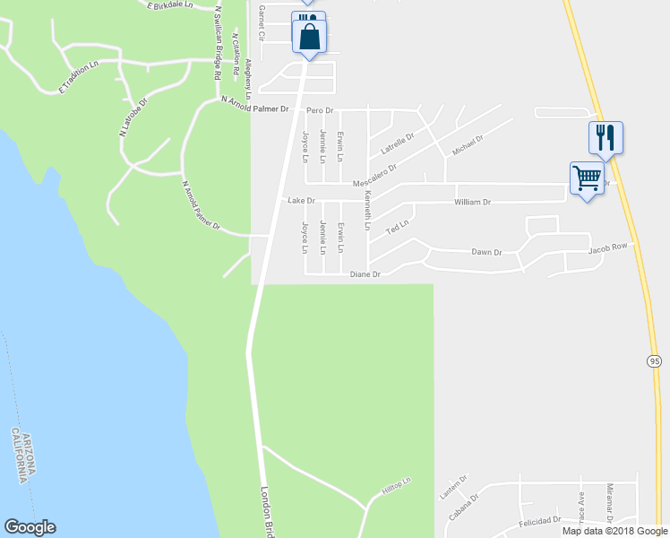 map of restaurants, bars, coffee shops, grocery stores, and more near 3005 Erwin Lane in Lake Havasu City