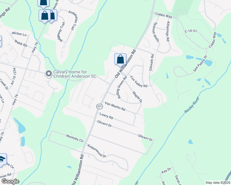 map of restaurants, bars, coffee shops, grocery stores, and more near 2305 Rolling Green Road in Anderson
